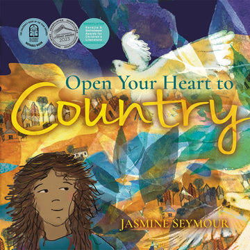 'Open Your Heart to Country' book cover featuring an illustration of a child, a cockatoo  and leaves over a landscape picture.
