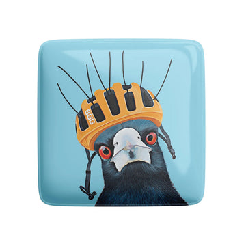 A square magnet illustrated with a magpie wearing a bike helmet with cable tie spikes.