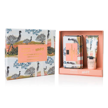 A set of hand cream and soap in a gift box illustrated with emus and trees.