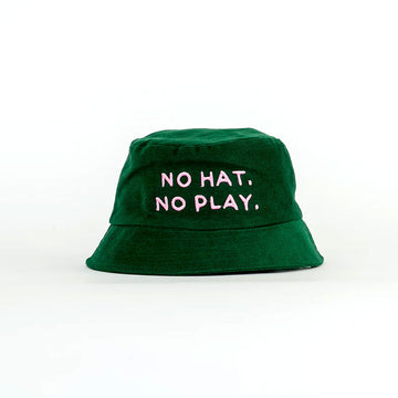Green bucket hat with 'No Hat, No Play' text on a white background.