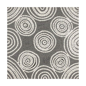 Square Indigenous painting of concentric circles on a gray background.