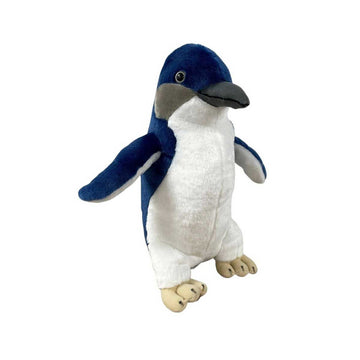 Plush penguin toy on a white background.