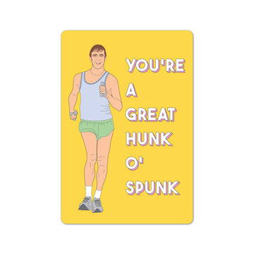 Magnet with illustration of a person and humorous text on a yellow background