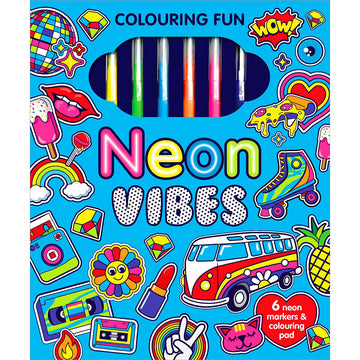 A colouring book titled 'Neon Vibes' with six coloured markers inside and illustrations of colourful objects on the front including an ice cream, rainbow, roller skate and flower.