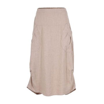 Front view of a linen skirt in an oat colour with two patch side pockets.
