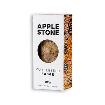 Box of Apple Stone Wattleseed Fudge on a white background.