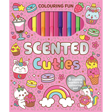 A colouring book titled 'Scented Cuties' with coloured markers inside and illustrations of deserts and cute animals.