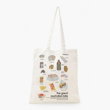 Tote bag with illustrations of Australian food items on a white background.
