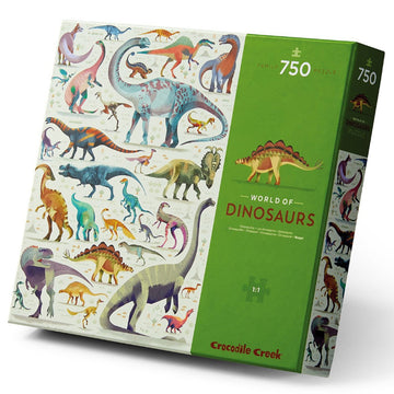 A puzzle box titled 'World of Dinosaurs' on the right with illustrations of different dinosaurs on the left.