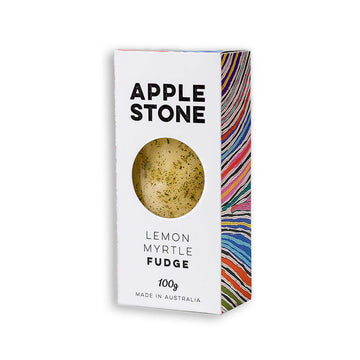 Box of Lemon Myrtle Fudge with colorful striped design on a white background.