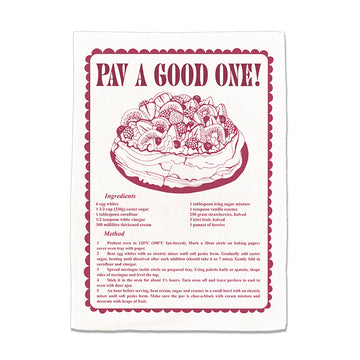 Tea towel with cake illustration and recipe text on a white background.