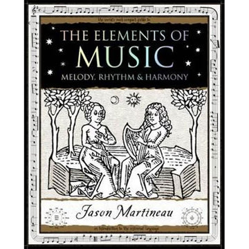 'The Elements of Music' book cover featuring a black and white line drawing illustration of two people sitting on a garden bed playing music.