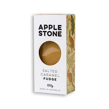 Box of salted caramel fudge on a white background.