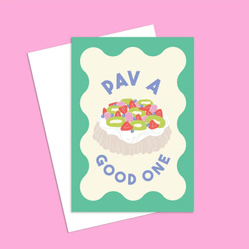 Greeting card with a design of a cake and text on a pink background.
