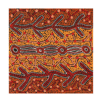  Aboriginal art with red and orange patterns on a white background.