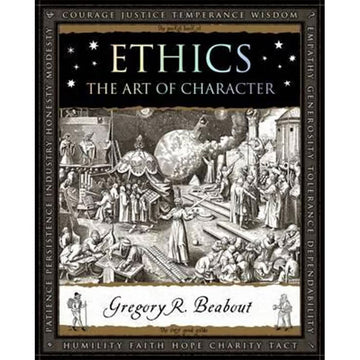 'Ethics The Art of Character' book cover featuring a black and white painting of people living in an ancient civilisation.