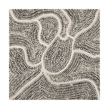 Abstract Indigenous painting with wavy lines and circular shapes on a grey background.