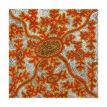 Square Indigenous painting with red, yellow, and white colors on a white background.