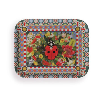 Top down view of a tray illustrated with a lady bug beetle and surrounded by flowers with two geometric borders.