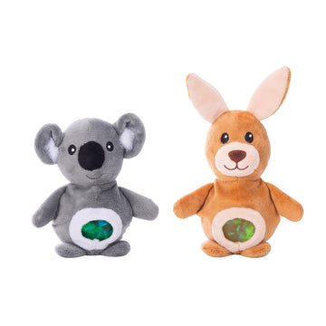 Two soft toys in the shape of a kangaroo and koala with a green gem in the middle.