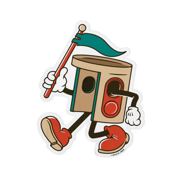 A sticker shaped like a Canberra bus stop with arms and legs walking holding a flag.