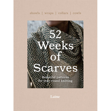 '52 Weeks of Scarves' book cover featuring a close up photo of a person wearing a knitted scarf.