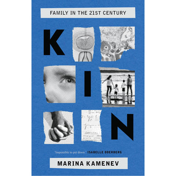 "Kin" Kin written diagonally down the book on a blue background with six images of families.