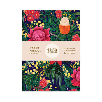 A notebook illustrated with flowers on a dark blue background.