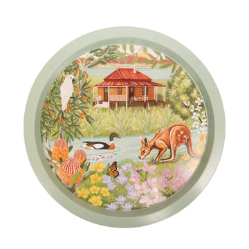 Decorative round tin plate with a kangaroo, duck, and house illustration on a white background.