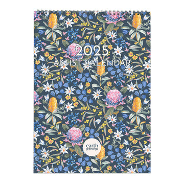 Front cover of a spiral bound calendar with a floral illustration on the front and the heading '2025 Artist Calendar'.
