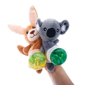 Two soft toys in the shape of a kangaroo and koala with a green gem in the middle.