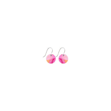 A pair of drop earrings with small circles printed with pink artwork by Maggi McDonald.
