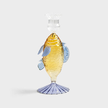 Glass fish with yellow body and blue fins with a clear cup on top for holding a candle.