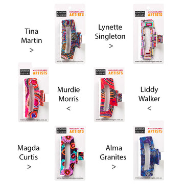 Six hair claws each printed with a different Indigenous artwork design.