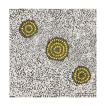 Indigenous painting with three grey and yellow circles made from dots against a white dotted background.