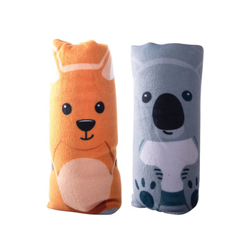 Two cylinder toys pictured, one with an illustration of a kangaroo on it and the other with a koala.