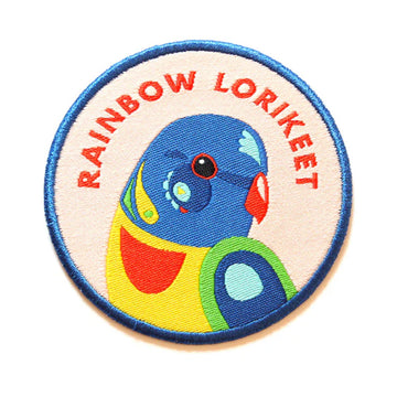 A woven fabric patch with an illustration of a rainbow lorikeet with the text 'Rainbow Lorikeet' at the top.