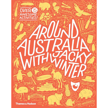 Book cover of 'Around Australia with Jacky Winter' featuring Australian illustrations and text on a red background.