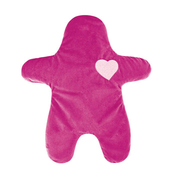 A heat bag shaped like a person in pink velvet.
