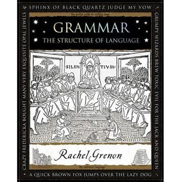 'Grammar The Structure of Language' book cover featuring a black and white illustration of people sitting at long desks.