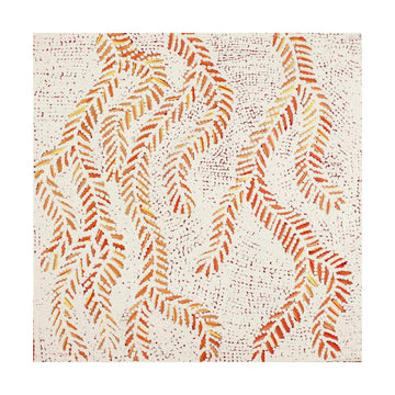 A square painting with an orange leaf design on a cream background.