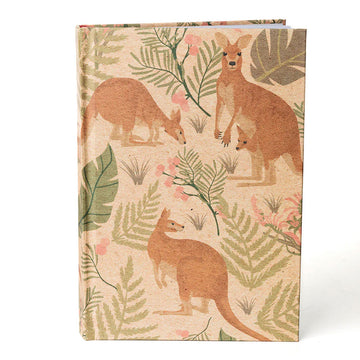 A hard cover journal illustrated with kangaroos and leaves.