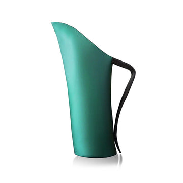 A water jug with a distinct curved shape in an emerald green with a black handle.