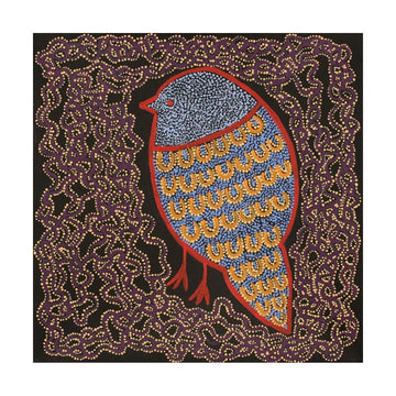 A square Indigenous painting of a red, blue and yellow bird.