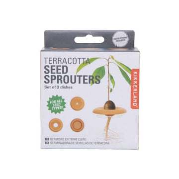 A box with the heading 'Terracotta Seed Sprouters' with a photo of three disks and a plant growing from a fourth disk.