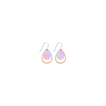 A pair of drop earrings with a double layered tear drop shape printed with pastel artwork by Maggi McDonald.