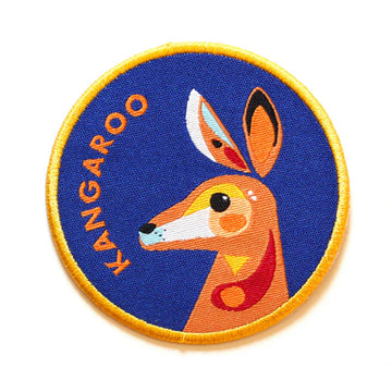 A woven fabric patch with an illustration of a kangaroo and the text 'Kangaroo' on the left side.
