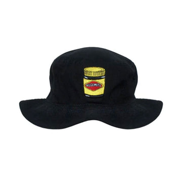 A black bucket hat with an embroidered vegemite jar.