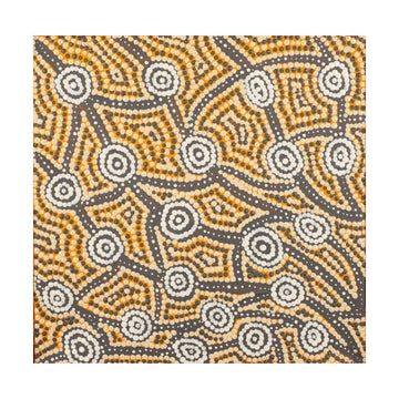 Patterned canvas painting with orange, gray, and white design on a white background.