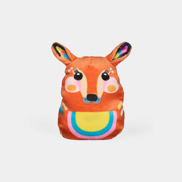 A kangaroo shaped plush toy with embroidered and printed features.